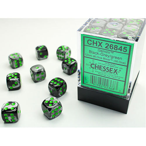 Chessex - 12mm D6 Dice Block - Black& Grey w/Green