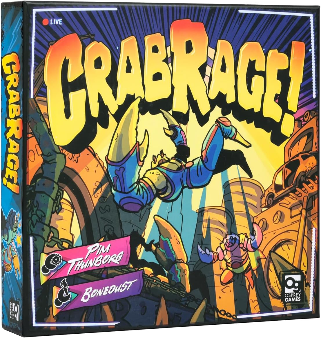 Front and side views of the board game Crabrage! featuring a vibrant comic-style illustration of a blue crab character in a yellow and orange city, with the title 'CRABRAGE!' in large bold letters. 