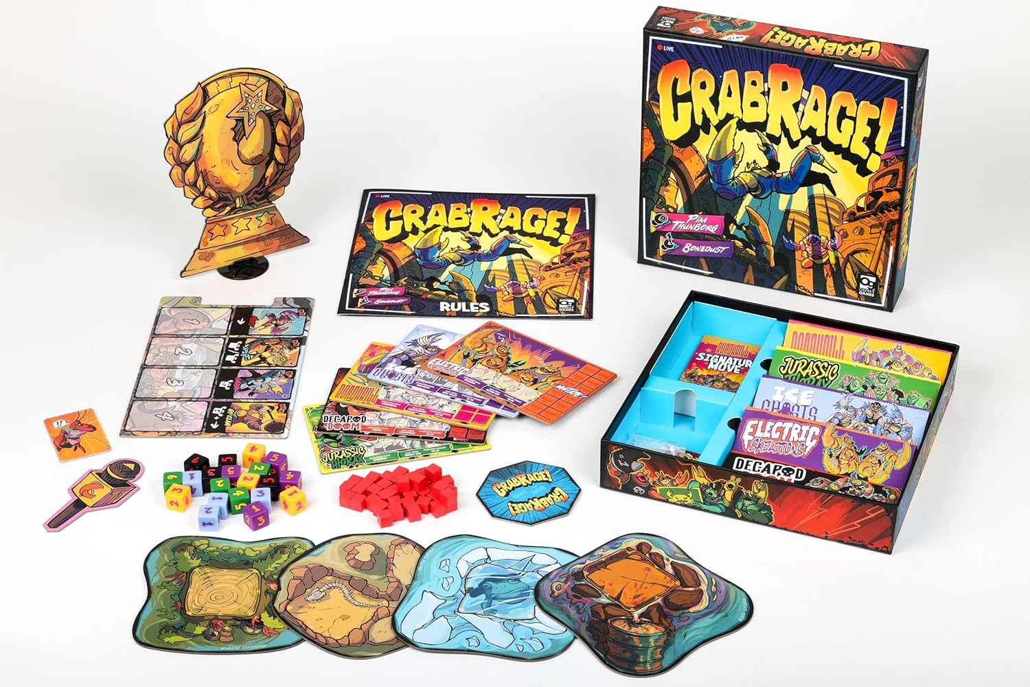 The board game set 'Crabrage!' displayed on a clean white background, showing the main game box, player boards, cards, dice, tokens, and accessories.