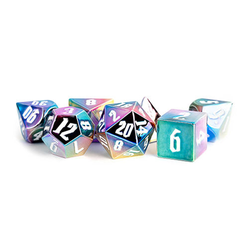 Fanroll - 16mm Aluminium Plated Acrylic Poly Dice Set: Rainbow Aegis w/ White Numbers