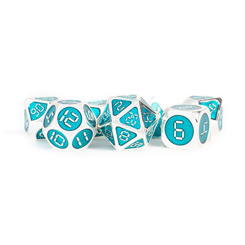 Fanroll - 16mm Metal Polyhedral Dice Set: Silver w/ Teal Enamel