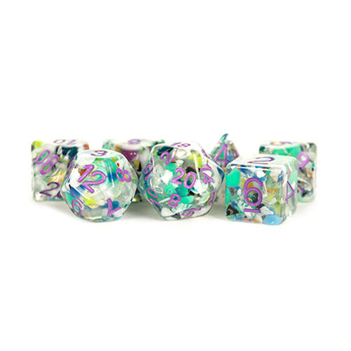 Fanroll - 16mm Resin Polyhedral Dice Set: Recycled Dice w/ Purple Numbers