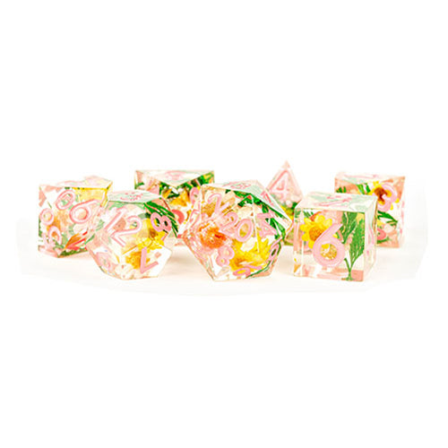 Fanroll - Handcrafted Sharp Edge Resin Dice Set: Chrysanthemum w/ Pink Numbers