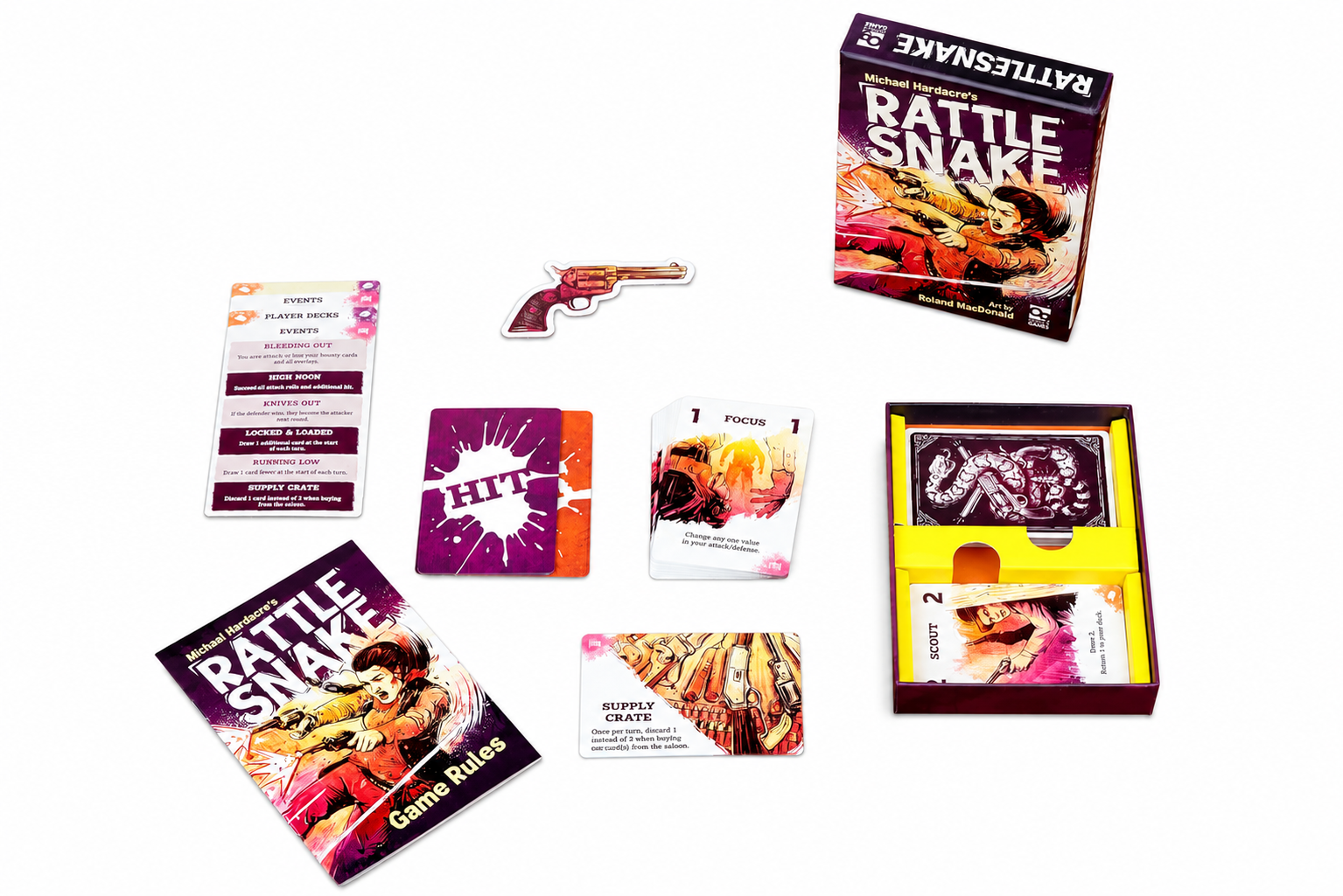 Battle Snake card game components laid out on a white background, including the game box, game rules booklet, cards, a small toy gun, and a yellow card deck tray.