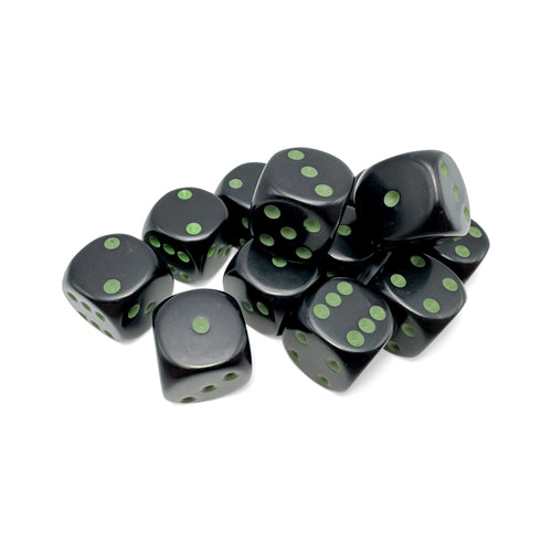 Opaque 16mm d6 Black/green Dice Block (12 dice)