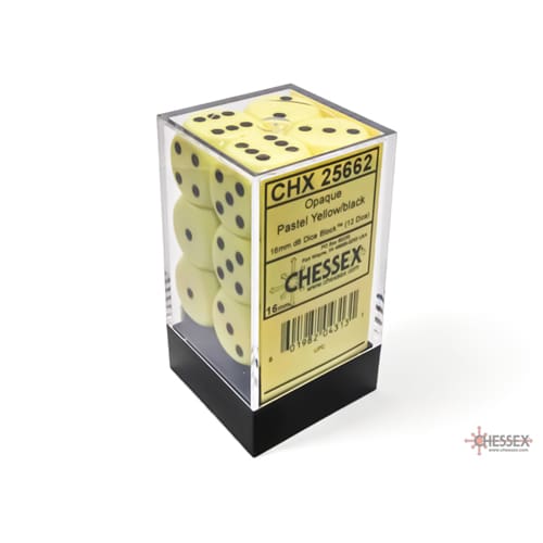 Chessex – Opaque 16mm d6 Pastel Yellow/black Dice Block (12 dice)