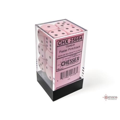 Chessex – Opaque 16mm d6 Pastel Pink/black Dice Block (12 dice)