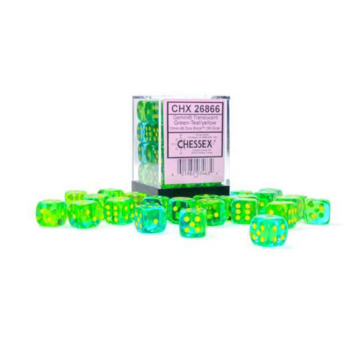 Gemini 12mm d6 Translucent Green-Teal/yellow Dice Block (36 dice)