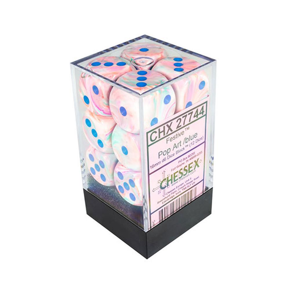 16mm d6 Dice Block: Festive Pop Art w/blue