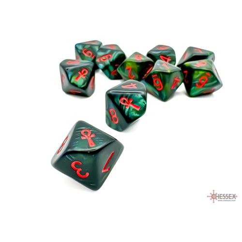 Scarab Jade/red Ankh D10 Dice Block (Set of 10) Green/red numbers