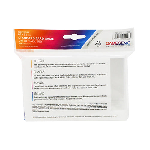 Gamegenic - Standard Card Game Value Pack Matte Sleeves (200) - Clear | Zatu Games Gamegenic - Standard Card Game Value Pack Matte Sleeves (200) - Clear | Zatu Games