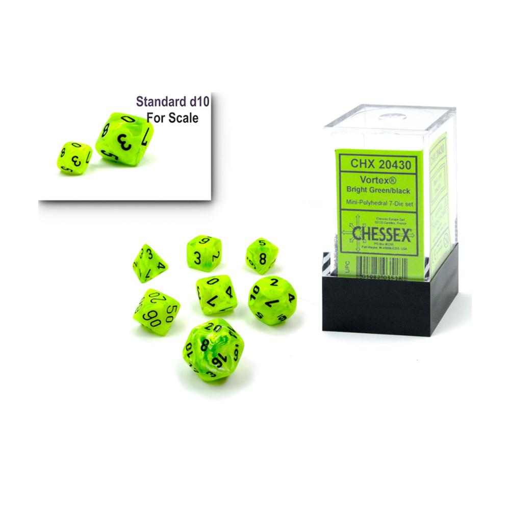 Chessex - Mini Vortex Polyhedral 7 Die Set - Bright Green & Black
