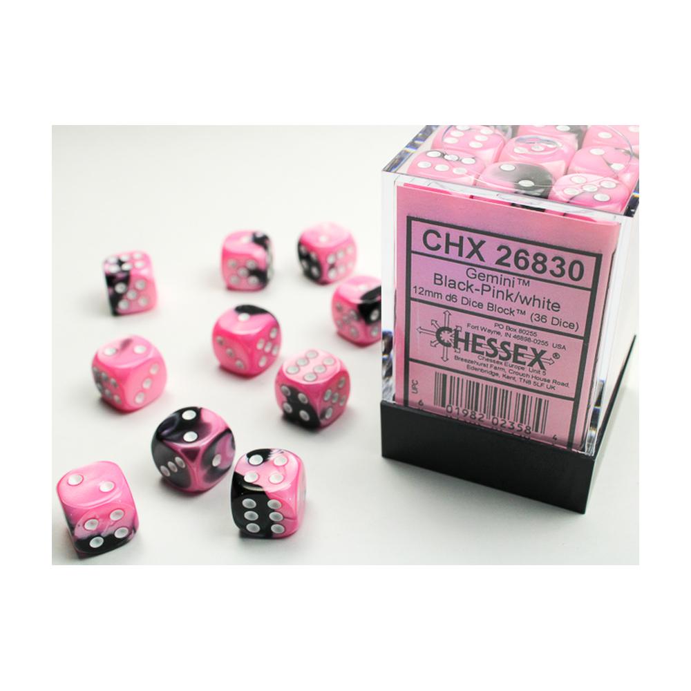 Chessex - Gemini 12mm D6 Dice Block - Black & Pink w/White