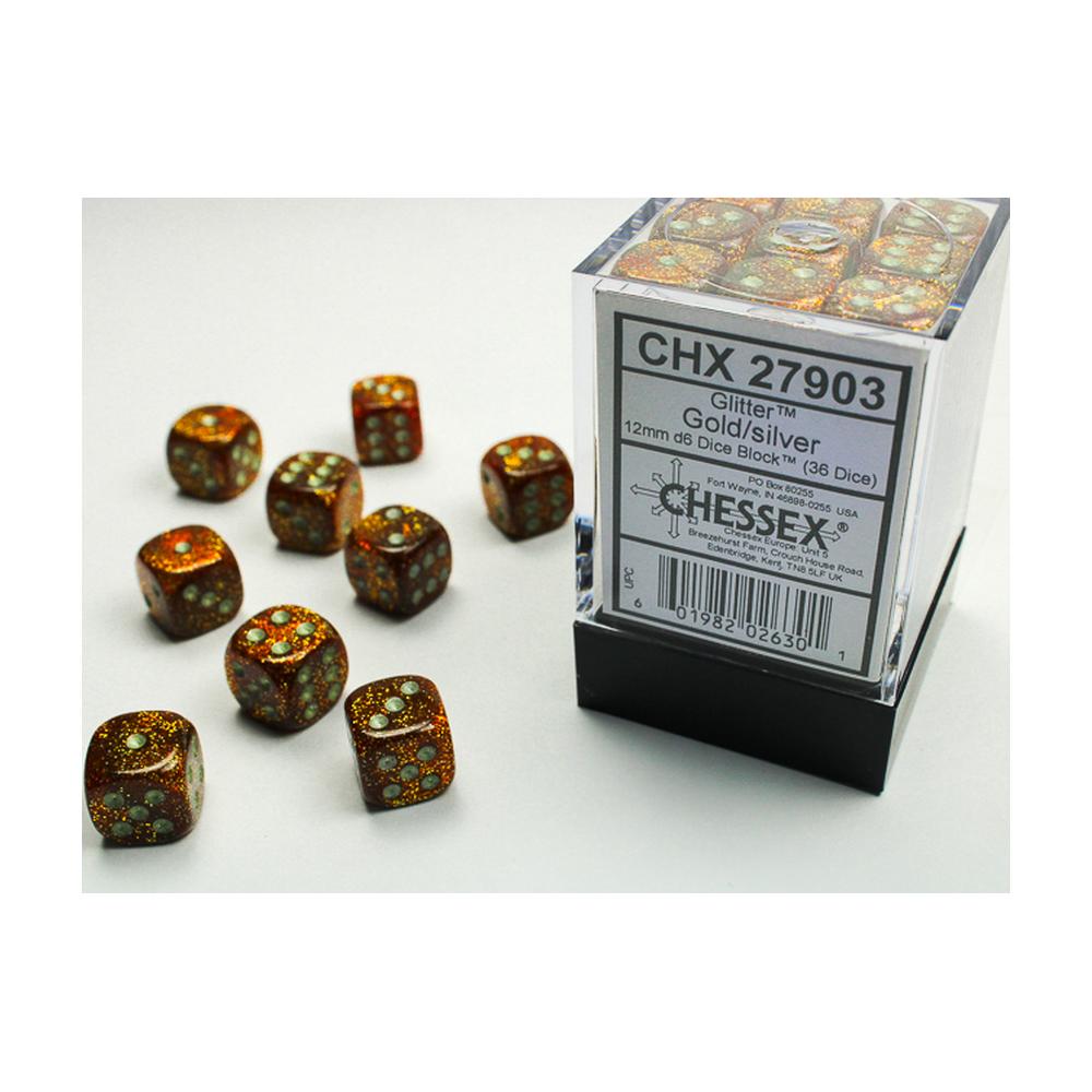 Chessex - Glitter 12mm D6 Dice Block - Gold w/ Silver