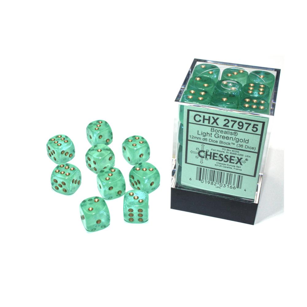 Chessex - Borealis 12mm D6 Dice Block - Luminary Light Green & Gold Dice Block