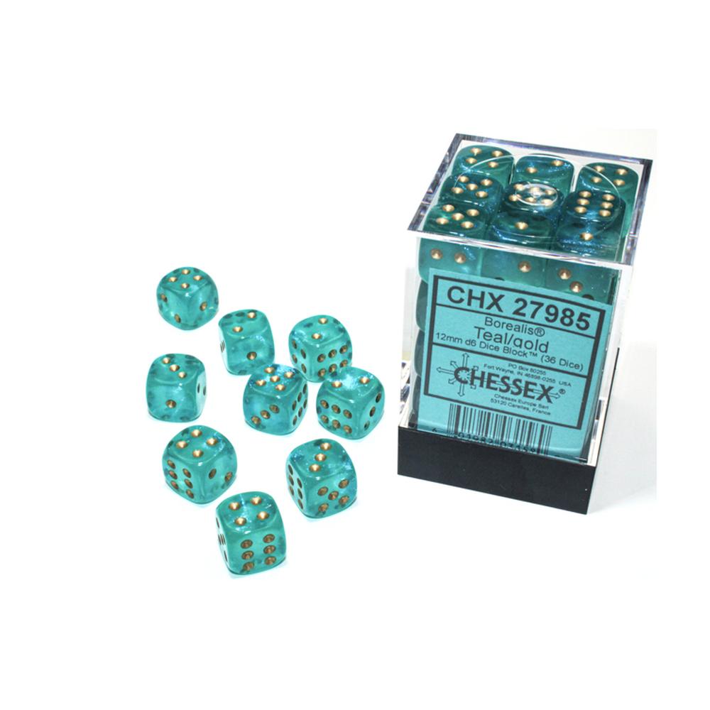 Chessex - Borealis 12mm D6 Dice Block - Luminary Teal & Gold Dice Block