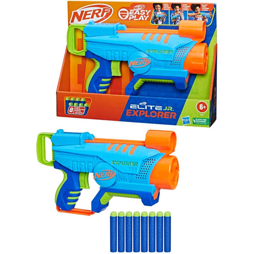 Nerf Elite Jr Explorer – Blaster Facile à Tenir, Charger Et Tirer – 4 Fléchettes D’affilée – 8 Fléchettes Nerf – Dès 6 Ans